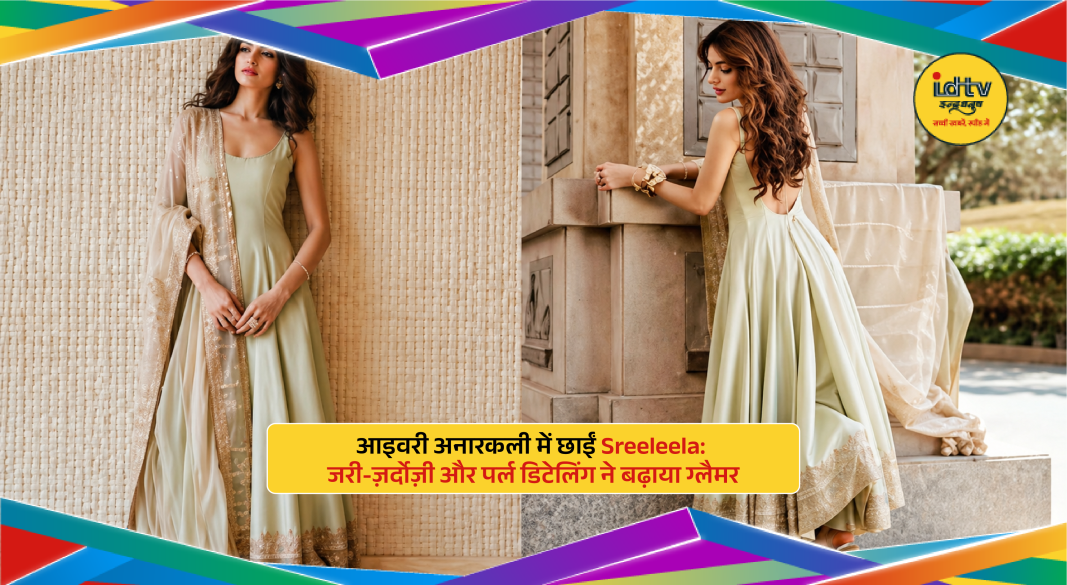 Sreeleela in ivory Anarkali outfit with zari embroidery and pearl detailing fashion photoshoot