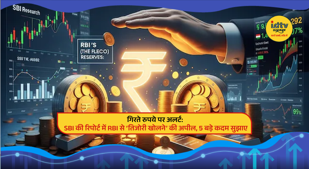 Indian rupee falling against US dollar chart with RBI and SBI economic report concept