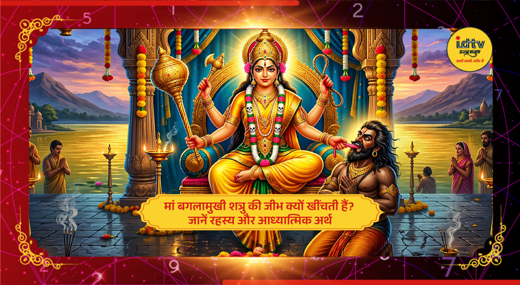 Goddess Baglamukhi holding demon’s tongue symbolizing power over speech and negativity in Hindu mythology