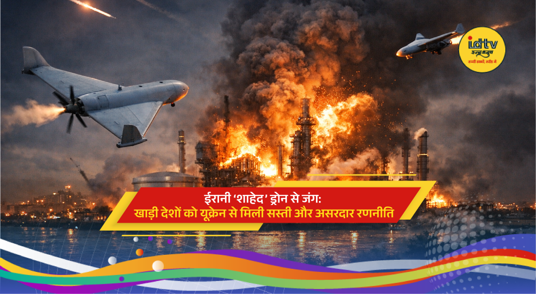 Iranian Shahed drone in flight with interceptor drones countering attack in modern warfare scenario