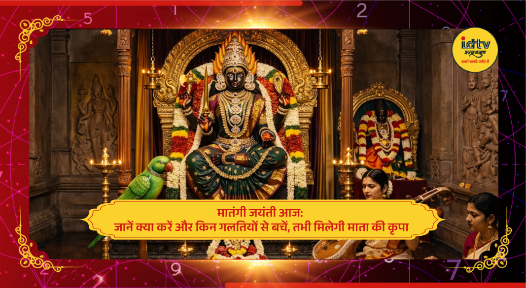 Goddess Matangi devotional illustration with flowers, lamps and spiritual worship setup on Matangi Jayanti