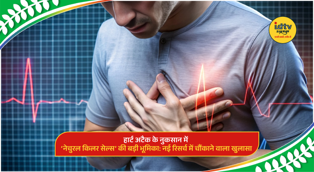 Illustration of heart tissue damage after heart attack showing activity of natural killer immune cells