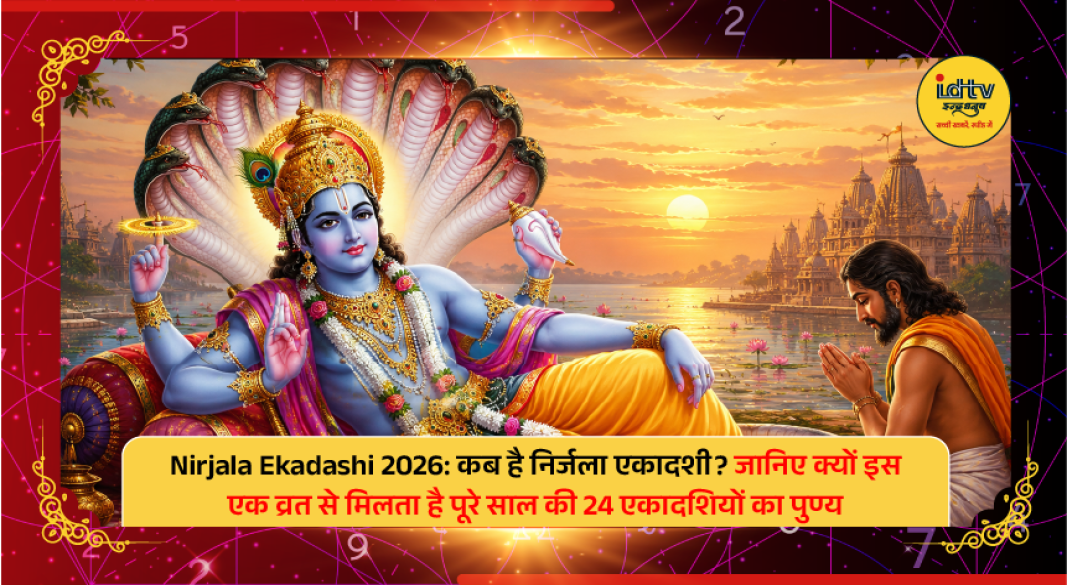 Devotees worship Lord Vishnu during Nirjala Ekadashi with lamps, tulsi leaves, and traditional offerings.