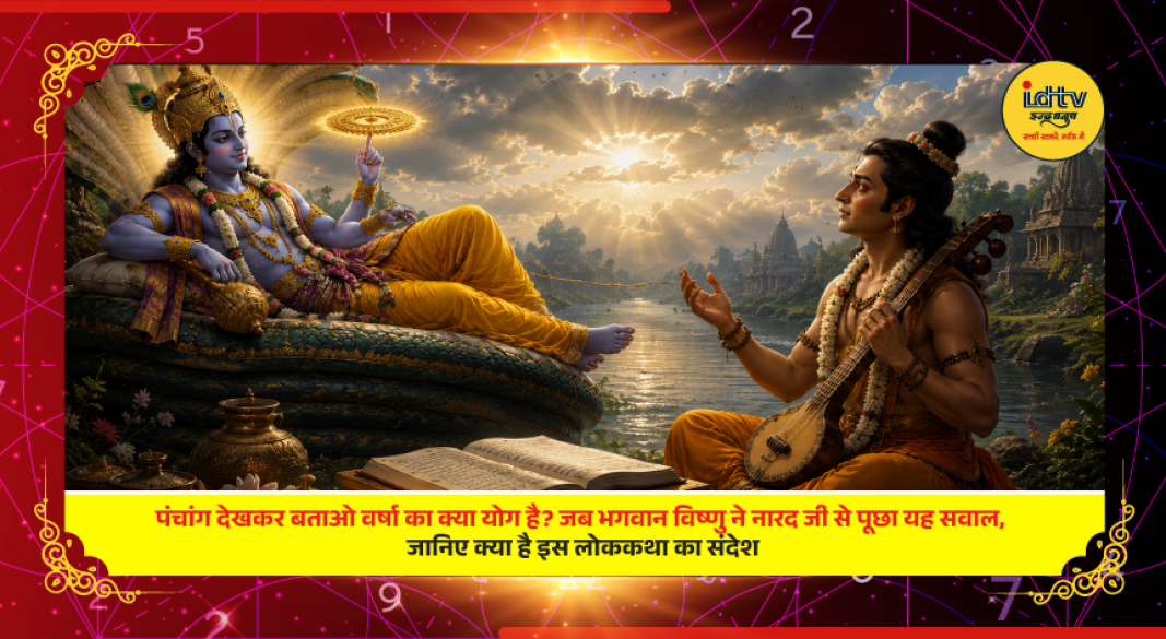 Lord Vishnu and Sage Narada discussing Panchang, rainfall prediction, and the spiritual message behind an ancient Hindu folklore.