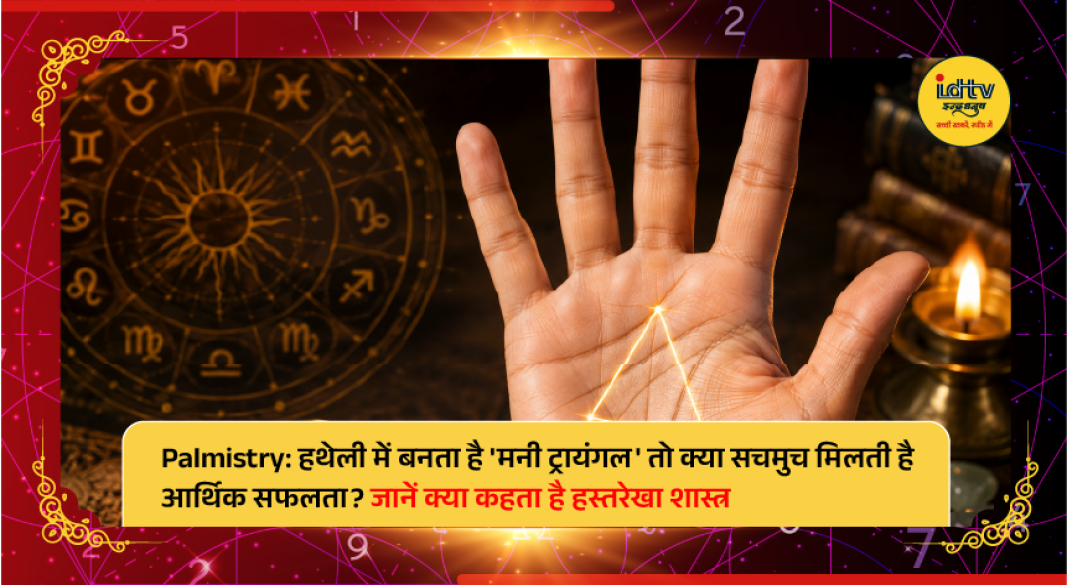 Close-up of a palm showing the Money Triangle formation explained in palmistry and financial success beliefs.