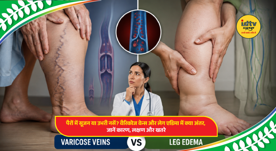 Varicose veins and leg edema compared, showing swollen legs, prominent veins, symptoms, causes and health risks.