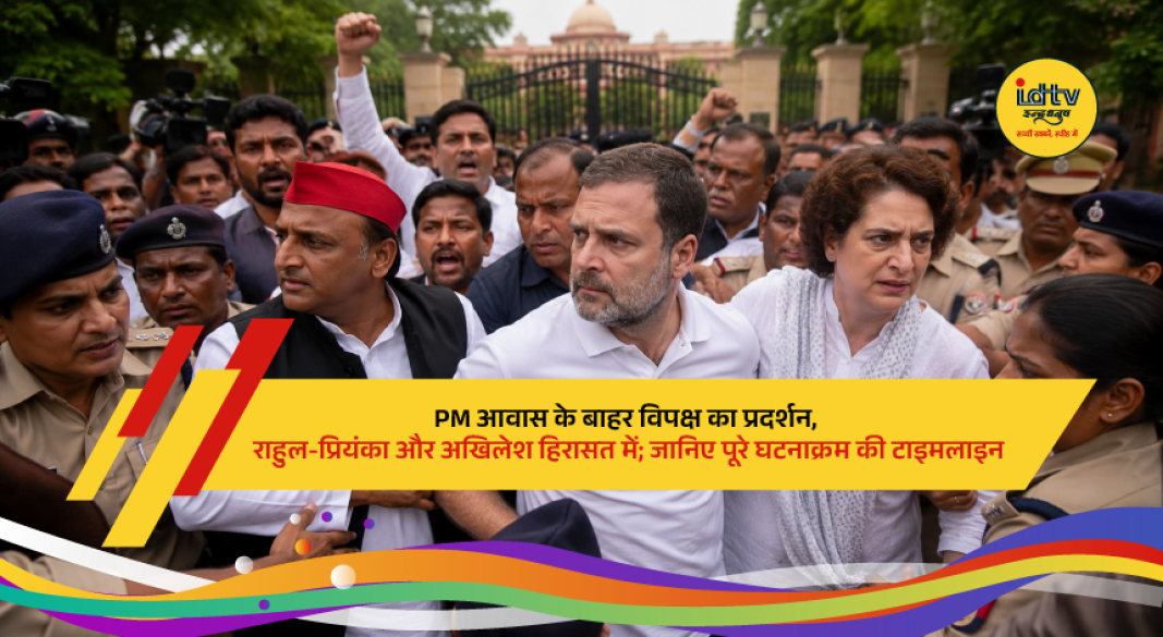 Rahul Gandhi, Priyanka Gandhi and Akhilesh Yadav during the protest near the Prime Minister's residence in New Delhi