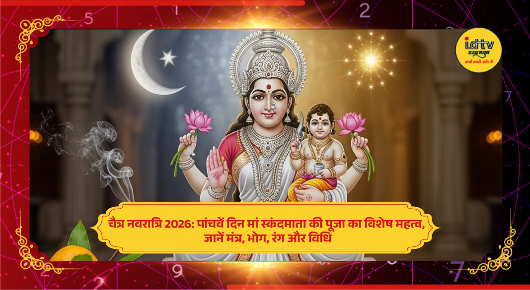 Goddess Skandamata idol with Kartikeya, devotees offering flowers during Chaitra Navratri fifth day पूजा