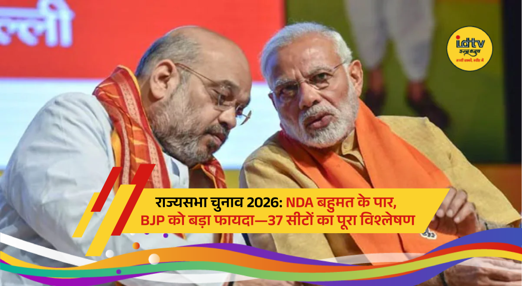 Rajya Sabha Parliament session with NDA leaders celebrating majority after 2026 election results