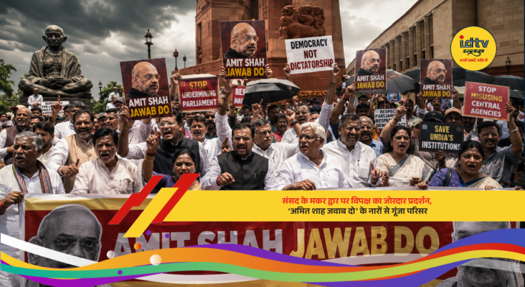 Opposition MPs protest at Parliament’s Makar Dwar during the Monsoon Session, demanding answers from Home Minister Amit Shah.