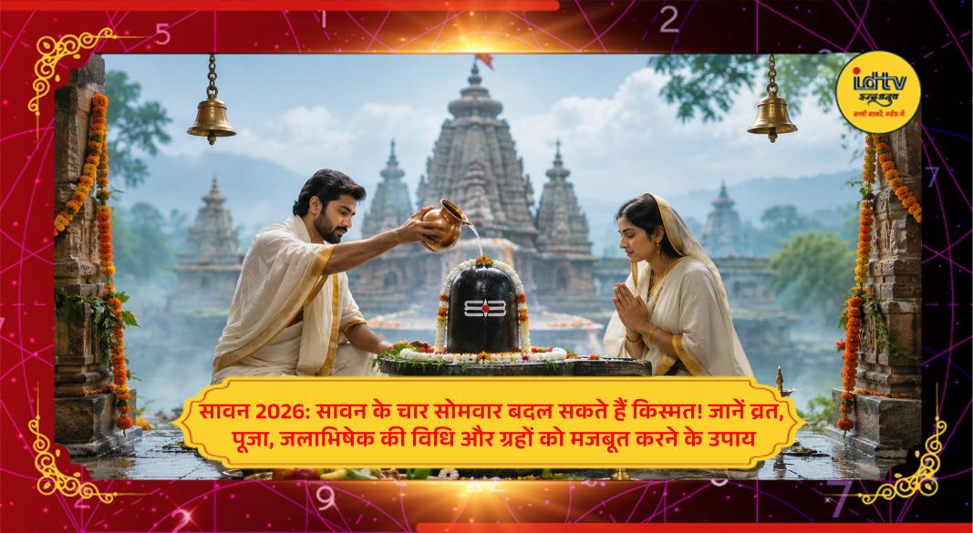 Devotee performing Jalabhishek on a Shiva Lingam during Sawan Monday with bel leaves, milk and sacred offerings.