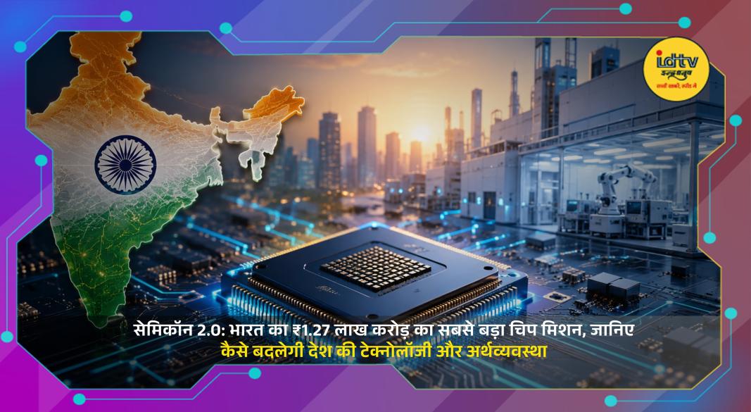 Semiconductor chips, silicon wafers, and advanced fabrication facilities representing India's ₹1.27 lakh crore Semicon 2.0 mission.