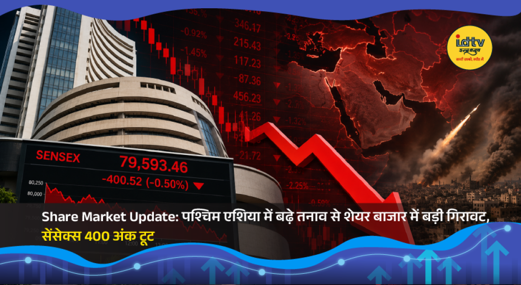 Stock market screen showing Sensex and Nifty decline amid geopolitical tensions and oil price surge.