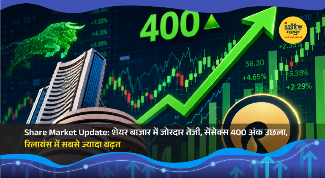 Stock market screen showing Sensex and Nifty gains with Reliance Industries leading the rally.