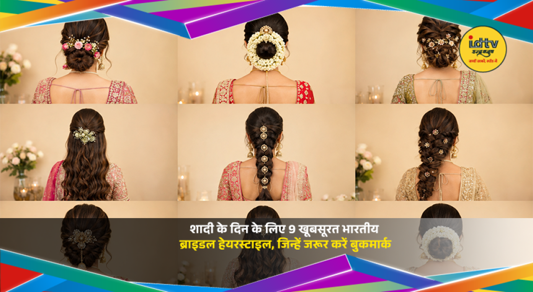 Indian bride showcasing an elegant traditional hairstyle with soft waves, flowers, and bridal hair accessories