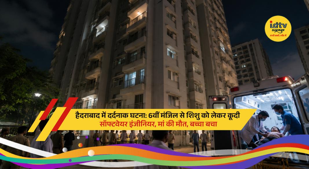 Police and emergency responders outside Hyderabad apartment after tragic sixth-floor fall involving mother and infant.