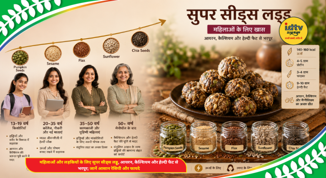 Homemade super seed laddoos with pumpkin, flax, chia, sesame, and sunflower seeds for women's nutrition.