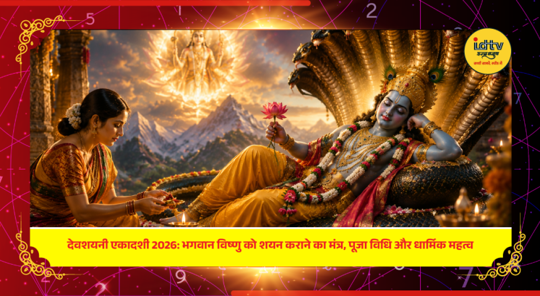Devotees worship Lord Vishnu on Devshayani Ekadashi with rituals, Tulsi leaves, lamps, and sacred chanting.