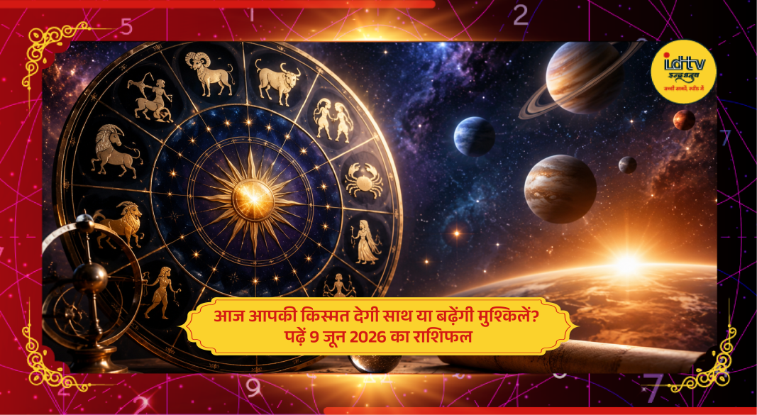Illustration of the zodiac wheel showing daily horoscope predictions for all 12 zodiac signs on June 9, 2026.