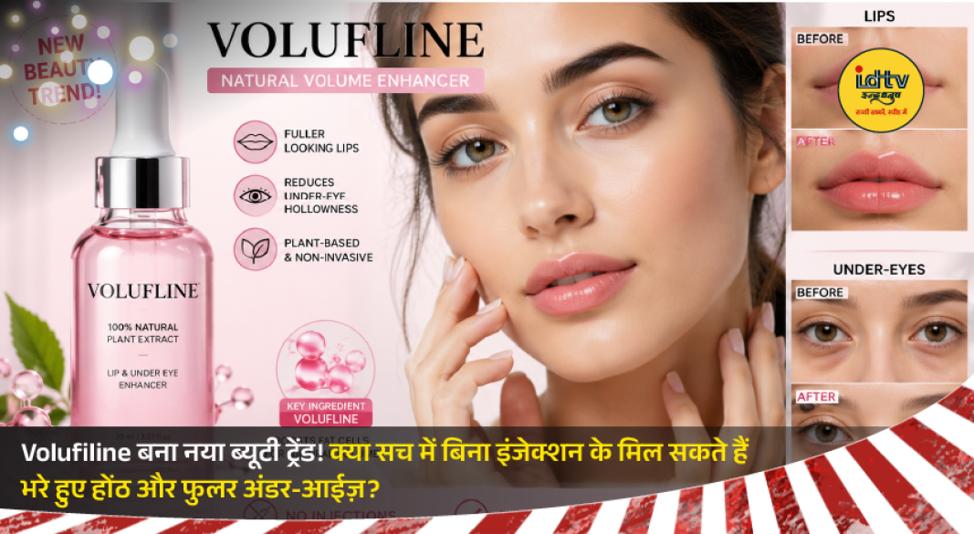 Skincare serum containing Volufiline applied around lips and under-eye area for a plumping effect