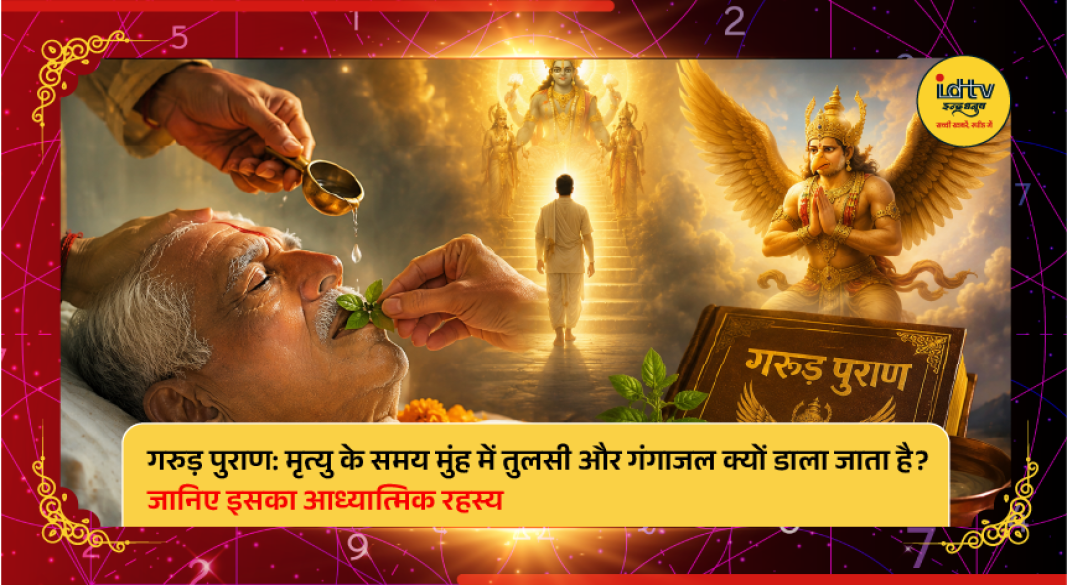 Tulsi leaves and Gangajal offered during Hindu last rites as described in Garuda Purana