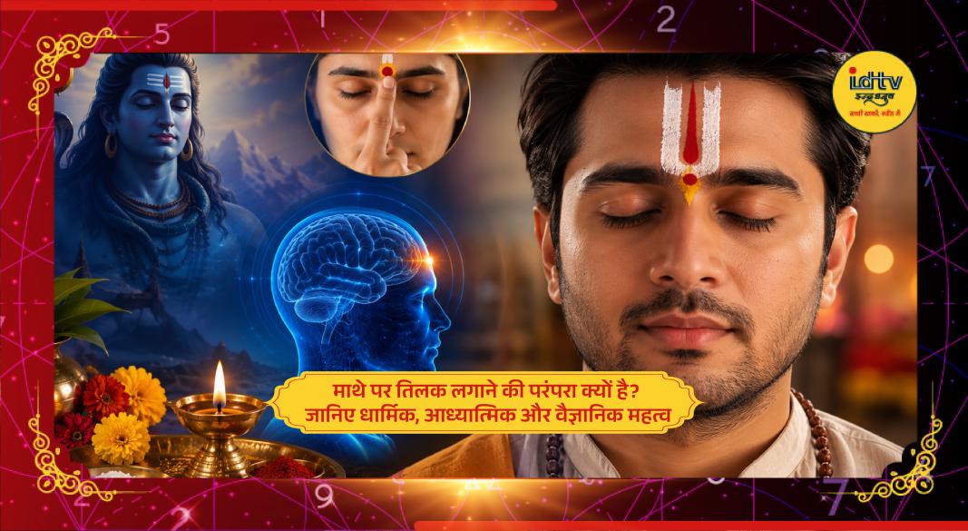 Devotee applying sacred tilak on forehead during Hindu religious ritual and worship.