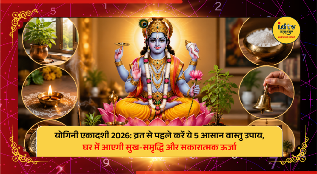 Devotee worshipping Lord Vishnu with a clean home altar before Yogini Ekadashi and performing traditional Vastu rituals.