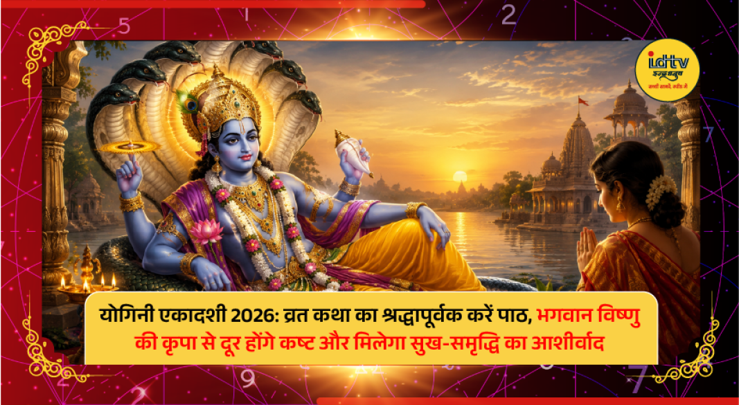 Devotees worship Lord Vishnu on Yogini Ekadashi while reading the sacred vrat katha with devotion.