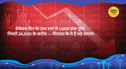 Stock market screen showing Sensex and Nifty falling sharply amid global tensions and investor selling.