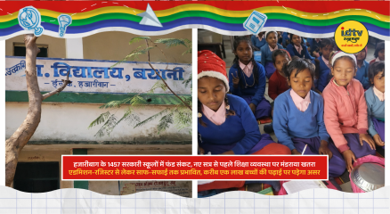 Students sitting in a government school classroom with poor infrastructure due to lack of funds in Hazaribagh