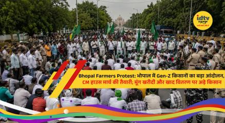 Farmers protest in Bhopal demanding 100% government procurement of moong and an end to the token system for fertilizer distribution