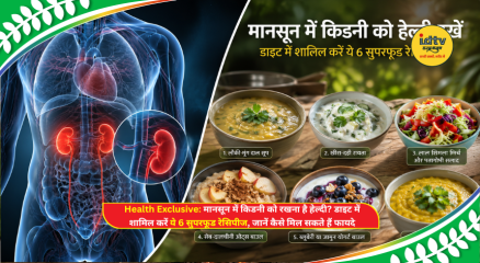Healthy kidney-friendly monsoon recipes including soup, yogurt bowl, salad, oats, and khichdi on a table.