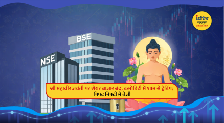 Closed stock market display board on Mahavir Jayanti with Sensex Nifty data and Gift Nifty trend