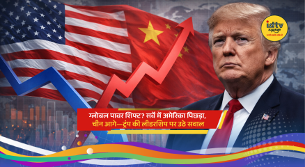 World map highlighting United States and China with leaders Trump and Xi Jinping representing global power shift.